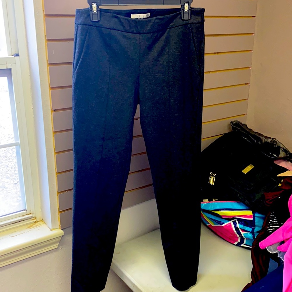 Dark gray stretchy pants with seam down the front